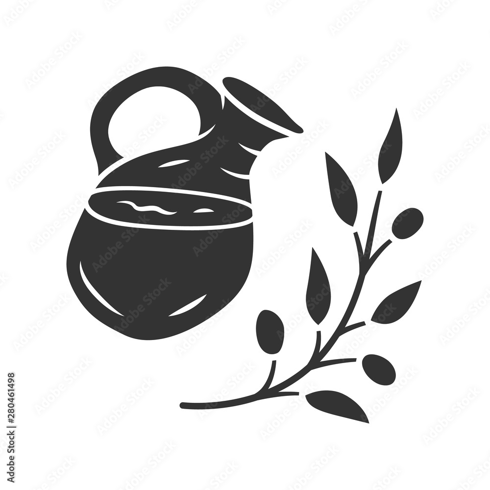 Poster Herbal ice tea jar glyph icon. Summer natural refreshing drink. Organic and eco beverage silhouette symbol. Water with mint. Negative space. Glass jug and plant branch vector isolated illustration