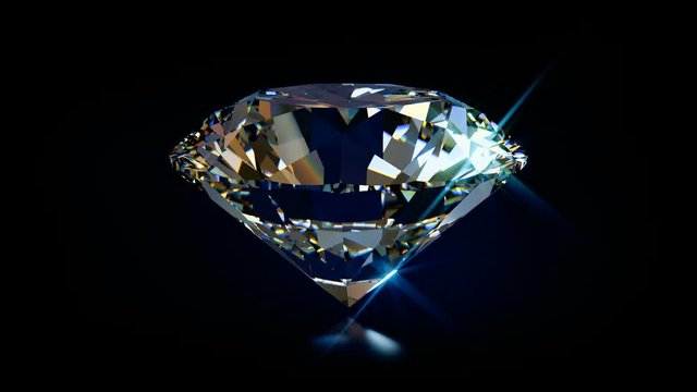 Sparkling round cut diamond, side view, rotating on black glossy background