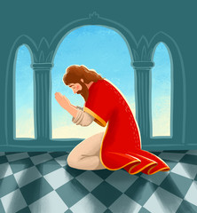 Bible children illustration. Daniel is kneeling and praying to God.