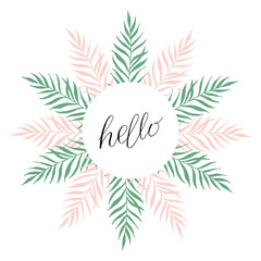 Vector frame with tropical leaves and lettering - Sun, please. Cartoon style. Colorful illustration with place for your text. Summer banner. tropical frame with leaves on white background.