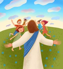 Jesus waits for children with open arms, children run to him with joy and happiness. - 280462294