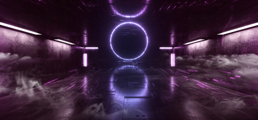 Smoke Sci Fi Modern Futuristic Neon Lights Purple Blue Glow Concrete Columns Circle Shape Technology Schematic Chip Texture Reflective Dark Room Corridor Alien Spaceship Night Vibrant 3D Rendering