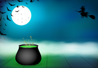 Scary halloween design. Flying witch silhouette in the night. Bats fly in the sky in the light of the moon. Black cauldron with green poison, from which bubbles rise. Fog floats above the wooden plank