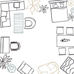 Top view furniture, lamps and plants for the home. Vector background.