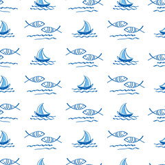 Simple summer seamless pattern with small ships, fishes and sea waves for textile, wallpapers, gift wrap and scrapbook. Vector.