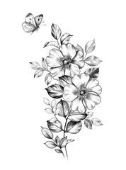 Hand drawn Flowers with Butterfly