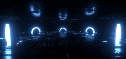 Alien Spaceship Neon Futuristic Sci Fi Laser Circle Shape Schematic Motherboard Chip Detailed Texture Reflective Metal Dark Empty Tunnel Hall Corridor Blue 3D Rendering