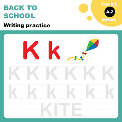 Back to school. Writing practice worksheet. Tasing alphabet letters. Letter K is for kite. Flash card for preschoolers. 