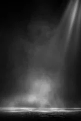 Fototapeten Nasser Asphalt, Reflexion von Neonlichtern, ein Suchscheinwerfer, Rauch. Abstraktes Licht in einer dunklen leeren Straße mit Rauch, Smog. Dunkle Hintergrundszene der leeren Straße, Nachtansicht, Nachtstadt. © MiaStendal
