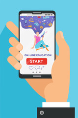 Vector online education concept in flat style. Male Hand holding mobile phone with educational app on the screen. Distant e-learning. Landing page with reading girl and school supplies