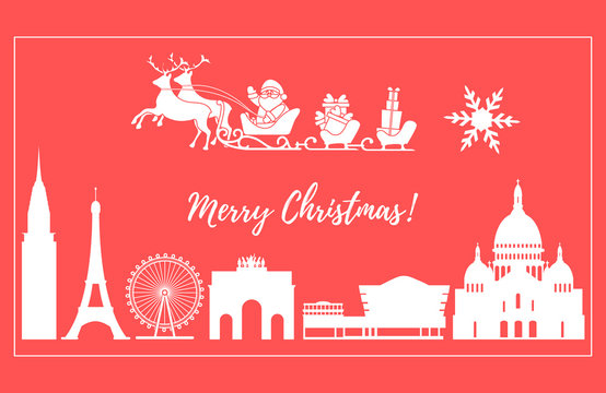 Santa Claus in sleigh flying over buildings.