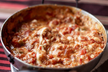 Close-up shoot of traditional turkish breakfast food with tomato, cheese, egg, pepper