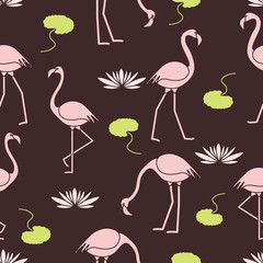 Seamless pattern with flamingo and water lily.