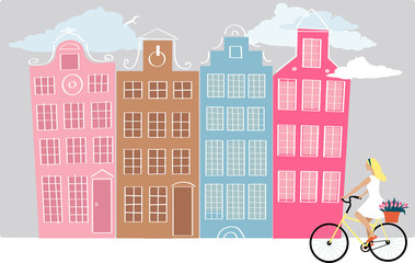Amsterdam street with a young woman riding bicycle, EPS 8 vector illustration