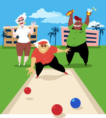 Group of active seniors playing bocce ball, EPS 8 vector illustration
