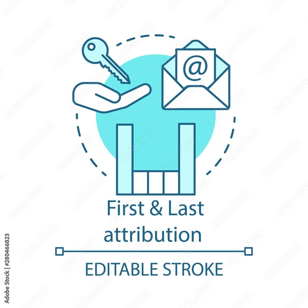 Poster first and last attribution turquoise concept icon. attribution modeling types idea thin line illustr