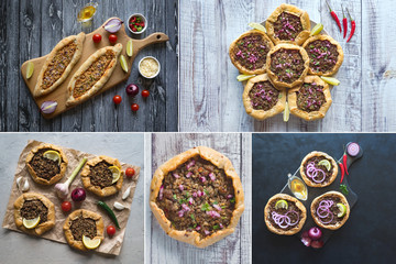 Collage with Arabic pizza Lahmacun. Top view