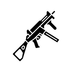 HK UMP weapon glyph icon. Virtual video game firearm, gun. Shooter game rifle. Cybersport, esport sniper military inventory, equipment. Silhouette symbol. Negative space. Vector isolated illustration