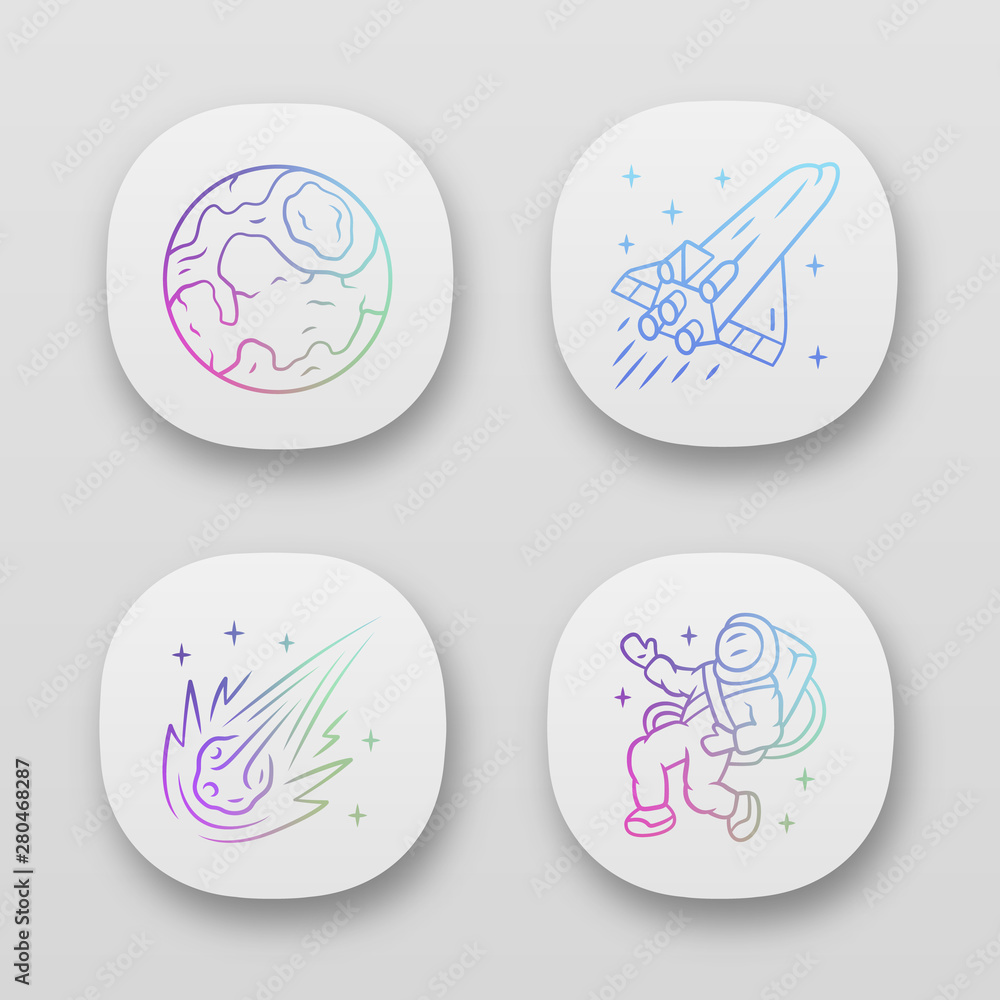 Poster astronomy app icons set. space exploration. earth, spaceship, comet, astronaut. astrophysics. cosmic