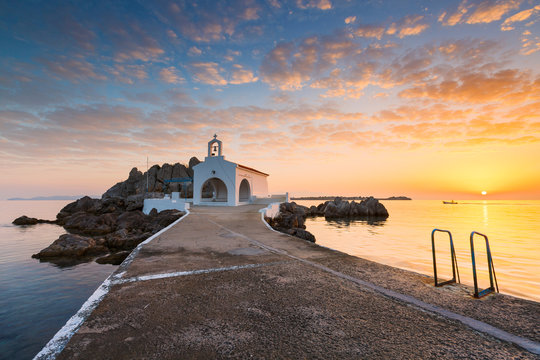 Agios Isidoros church in northern Chios at sunrise.