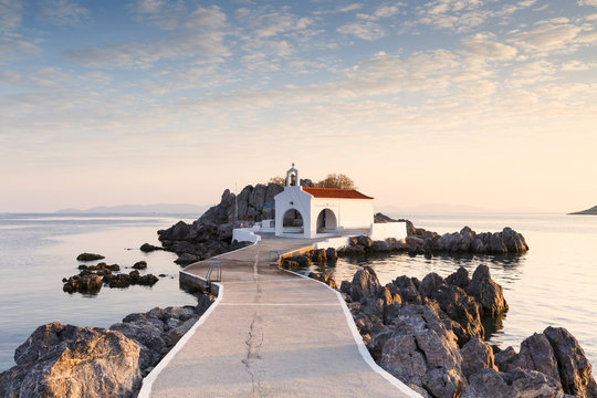 Agios Isidoros church in northern Chios at sunrise.
