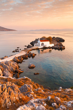 Agios Isidoros church in northern Chios at sunrise.