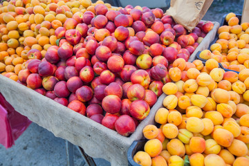 Fresh Nectarine And Apricot On Open Local Fruit Market