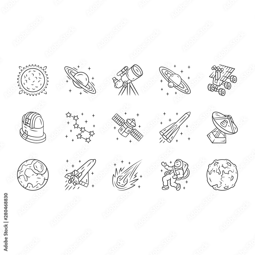 Poster astronomy linear icons set. space exploration. astronomical observations. starry sky study. astrophy
