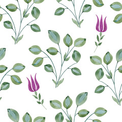 Seamless botanical pattern. Painted tree blooms. Watercolor painted leaves. Delicate flowers on the branches. Purple flowers.