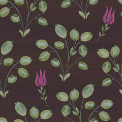 Seamless botanical pattern. Painted tree blooms. Watercolor painted leaves. Delicate flowers on the branches. Purple flowers.