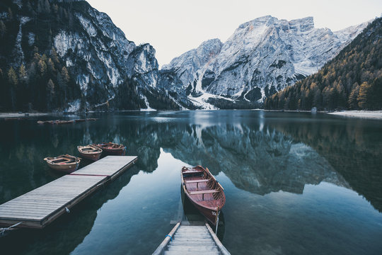Wooden boats at the alpine mountain lake