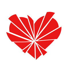 Shattered red love heart icon in 15 pieces, isolated on a white background