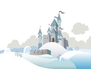 Winter landscape with cartoon medieval castle