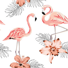 Tropical pink flamingo birds, hibiscus, orchid flowers bouquets, palm leaves, white background. Vector seamless pattern. Jungle illustration. Exotic plants. Summer beach floral design. Paradise nature