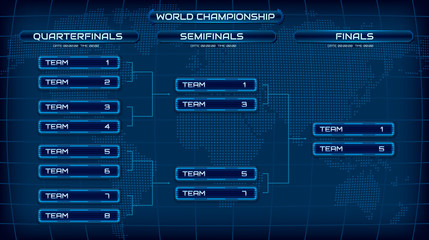 World championship blue template background screen. Holographic map with schedule. Championship bracket design concept. Eps10 vector