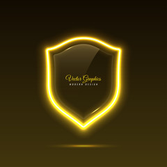 Glass banner shape shield. Transparent billboard with neon lights. Vector illustration.