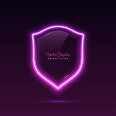 Glass banner shape shield. Transparent billboard with neon lights. Vector illustration.