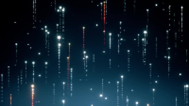 Abstract technology background with animation of fast flying flickering code particles as data transfer. Seamless loop 3d render. Modern blue color spectrum