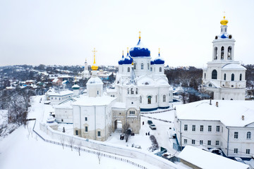 Winter drone view of Holy Bogolubsky Women's Monastery, in Bogolubovo