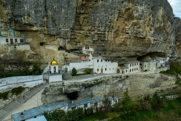 Aerial drone view of Bakhchisaray Cave Monastery, also known as Assumption Monastery of the Caves