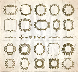 Vintage graphic line monogram frames and dividers set against old style paper, hand drawn vector illustration