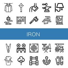 Set of iron icons such as Laundry, Park tower, Mace, Heavy, Axe, Anvil, Iron, Wall lamp, Guillotine, Clothespin, Bridge, Textile, Extractor, Weightlifting, Ironing board , iron
