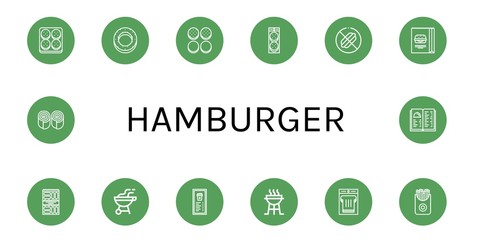 Set of hamburger icons such as Burger, Bagel, Burger bun, No food, Snack, Bbq, Menu, Charcoal grill, Sandwich, French fries, Bun , hamburger