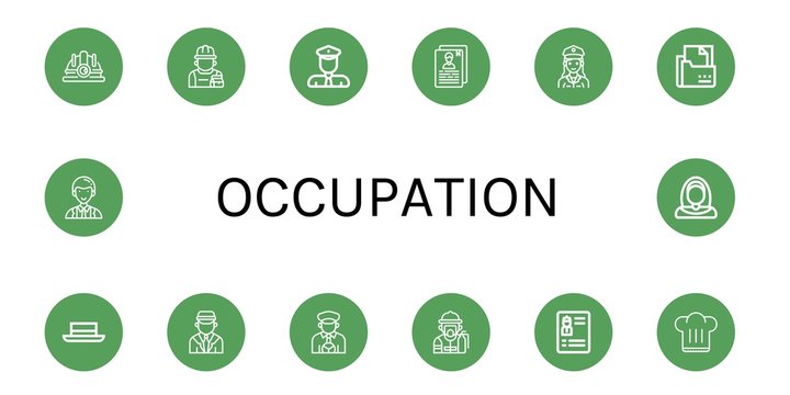 Set of occupation icons such as Hard hat, Repairman, Policeman, Resume, Police officer, Curriculum, Hat, Chauffeur, Taxi driver, Fireman, Chef hat, Officer, Nun , occupation