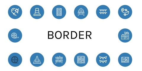 Set of border icons such as Burst, Cone, Film strip, Faberge, Garlands, Floral design, Film roll, Traffic cone, Photo album, Scrapbook, Great wall of china , border