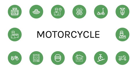 Set of motorcycle icons such as Tramway, Sun hat, Delivery man, Pizza deliver, Scooter, Sidecar, Pachinko, Hockey helmet, Home delivery, Rope biking, Motorcycle , motorcycle