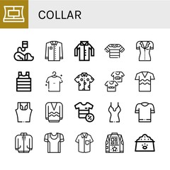 Set of collar icons such as Collar, Veterinary, Shirt, Shirts, Sleeveless shirt, Long sleeve, Sport shirt, Dog food , collar