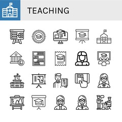Set of teaching icons such as School, Presentation, Education, Bookcase, College, Teacher, Class, Student, Elearning, Blackboard , teaching
