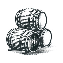 Wood barrels. Hand drawn engraving style illustrations. 