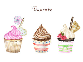 Watercolor cupcake, hand drawn delicious food illustration, cake isolated on white background.